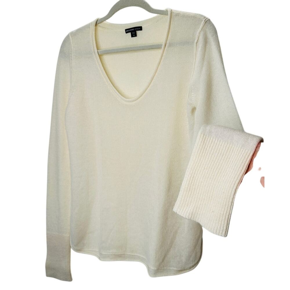 James Perse Cream Long Sleeve Scoop V Neck Cashmere Sweater 4 / XL